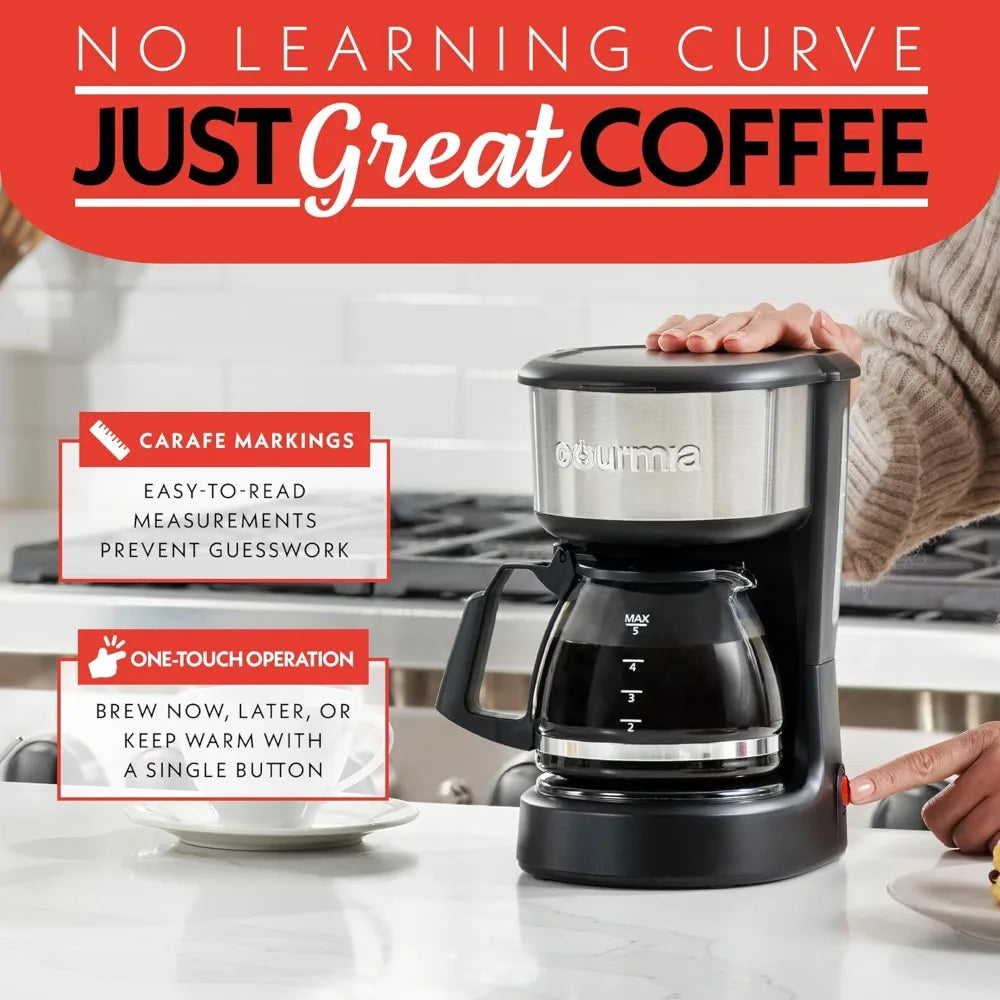 Gourmia Coffee Maker – 5 Cup, One-Touch Brew, Pause & Serve, Automatic Keep Warm, Stainless Steel Accents, Black