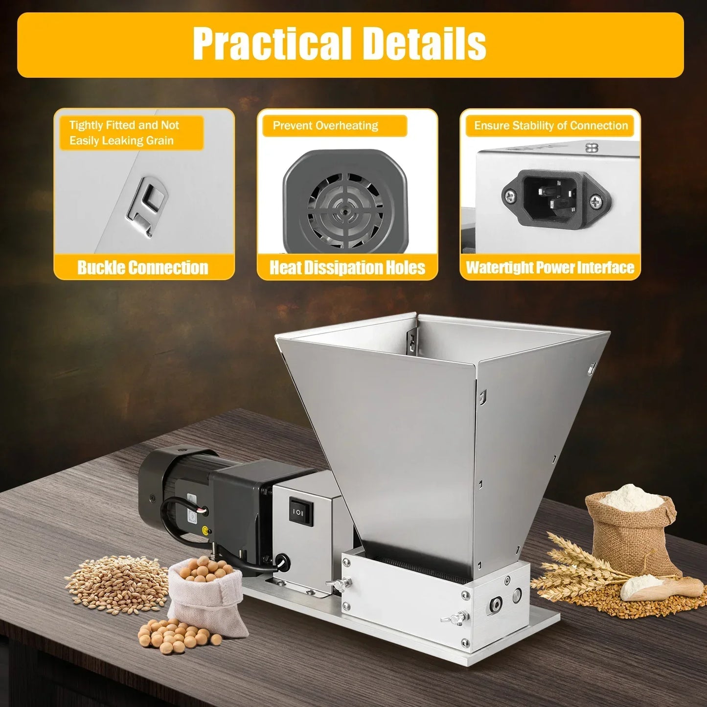 High-Quality Home Coffee Bean Grinder w/ Stainless Steel Knurled Knob,Electric Grain and Barley Mill for Brewing Factories&Farms