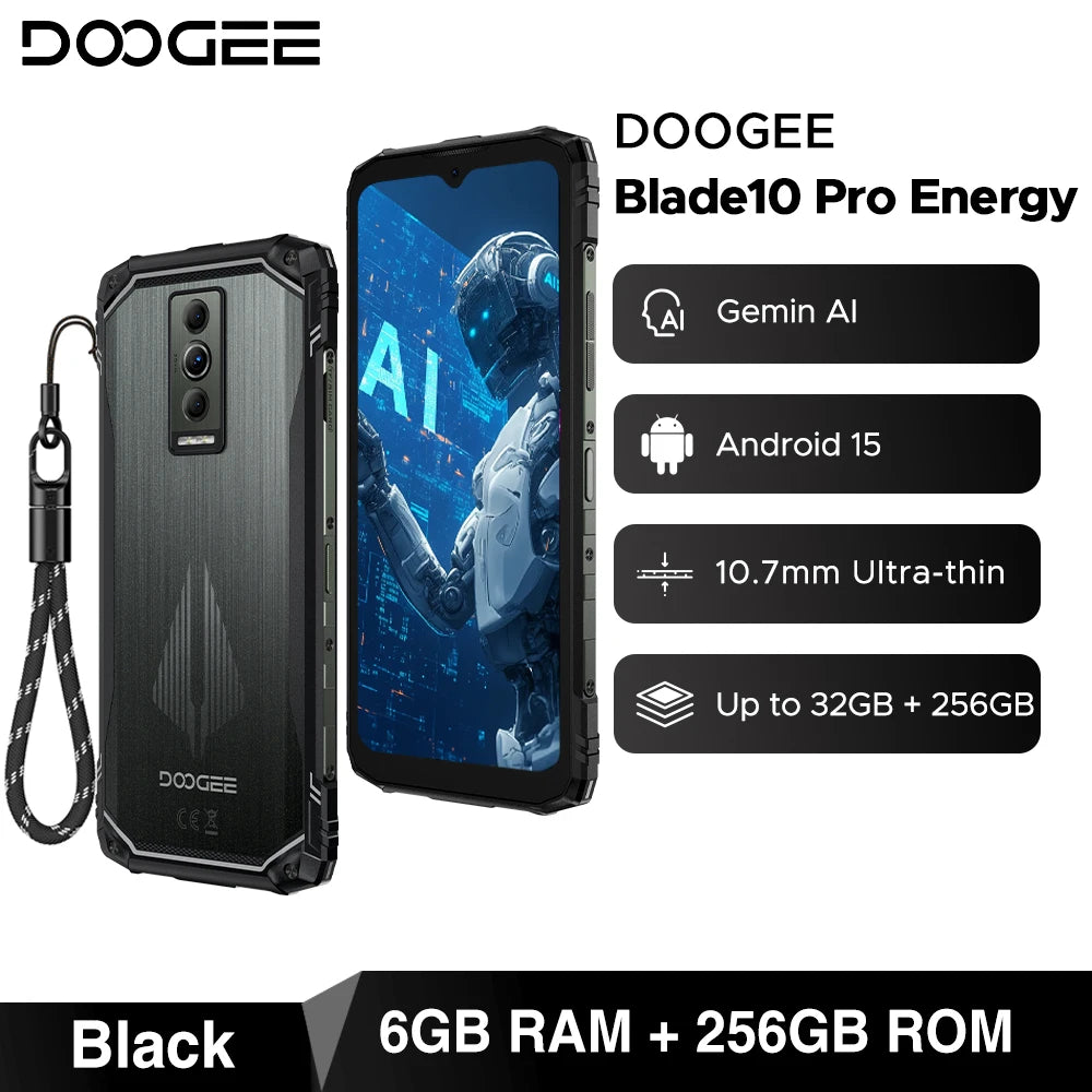DOOGEE Blade10 Pro Energy Rugged Phone 6.56'' Screen 10.7mm Ultra-thin 6GB RAM 256GB ROM 6150mAh Battery Android 15  Smartphone