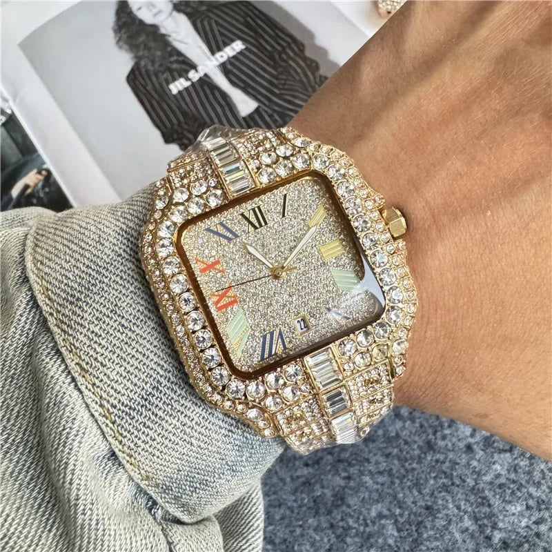 2025 New Luxury Diamond Watch Men Fashion Iced Out Square Colorful Number Watches Hip Hop Bling Jewelry Reloj Hombre for Party