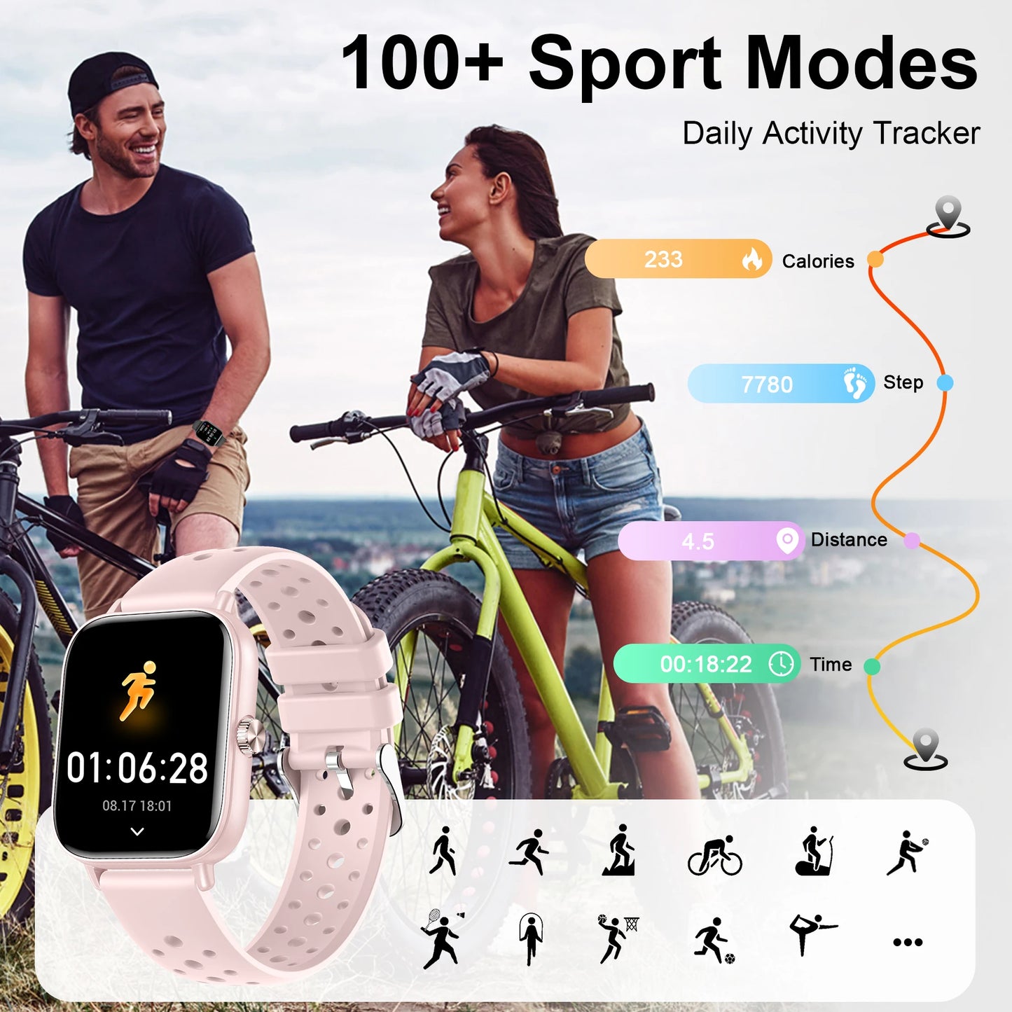 Smart Watch-Call & Message Alerts,1.85"Full Touchscreen Fitness Tracker/Pedeter/100+ Sports Tracker Watch,Gift for Family