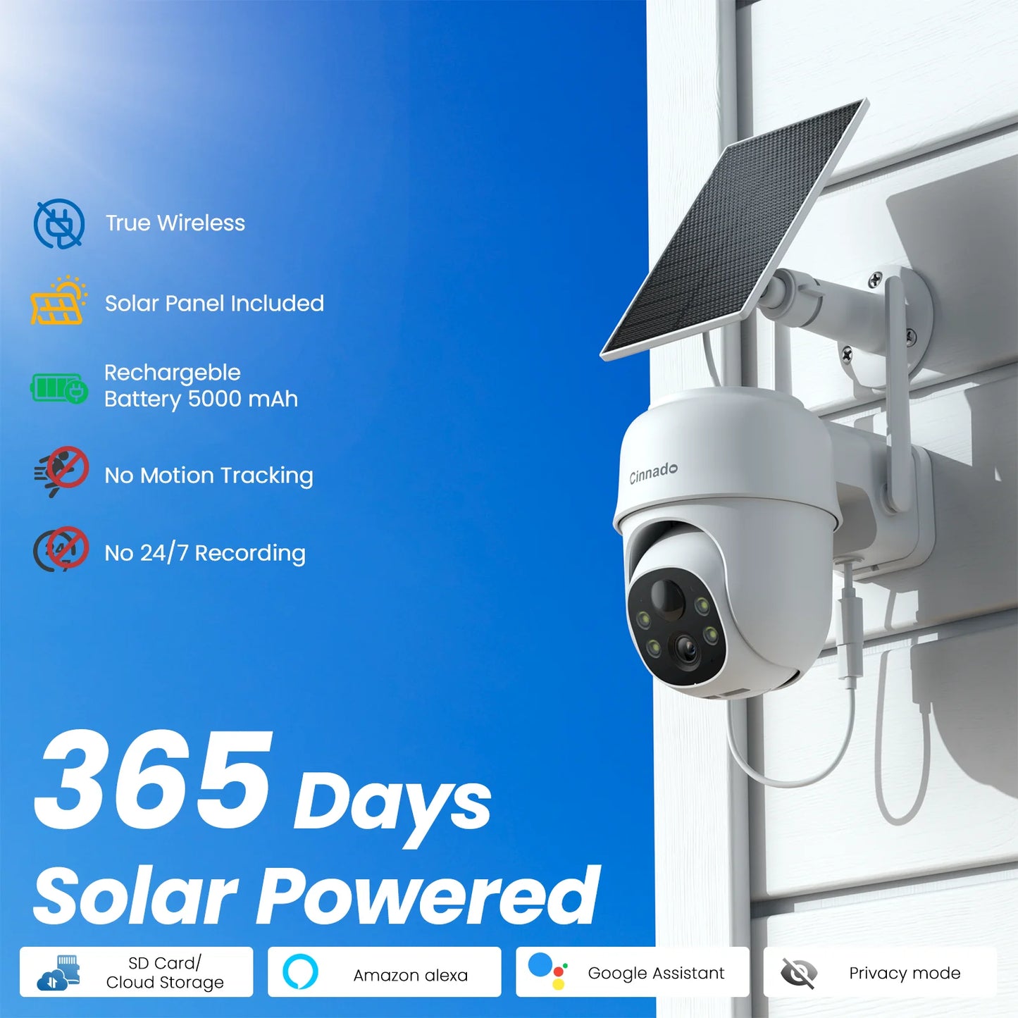 Cinnado 2K Solar/Battery Powered Cameras for 360° Home Security, 2.4G WiFi Outdoor Camera Wireless, Human Detection