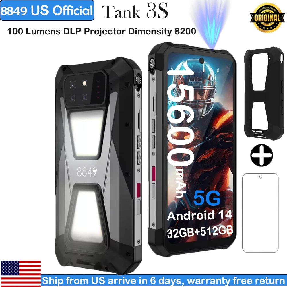 8849 Tank 3S Unihertz Rugged Smartphone with Projector 5G 12/16GB RAM 256/512GB ROM Dimensity 8200 64MP Night Vision Phone