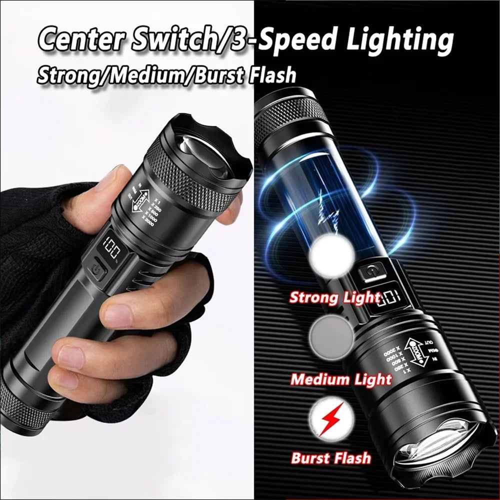 High-power Led Flashlight USB Rechargeable Torch with Display Zoomable Light with Battery Camping Hiking Lantern Emergency 2027
