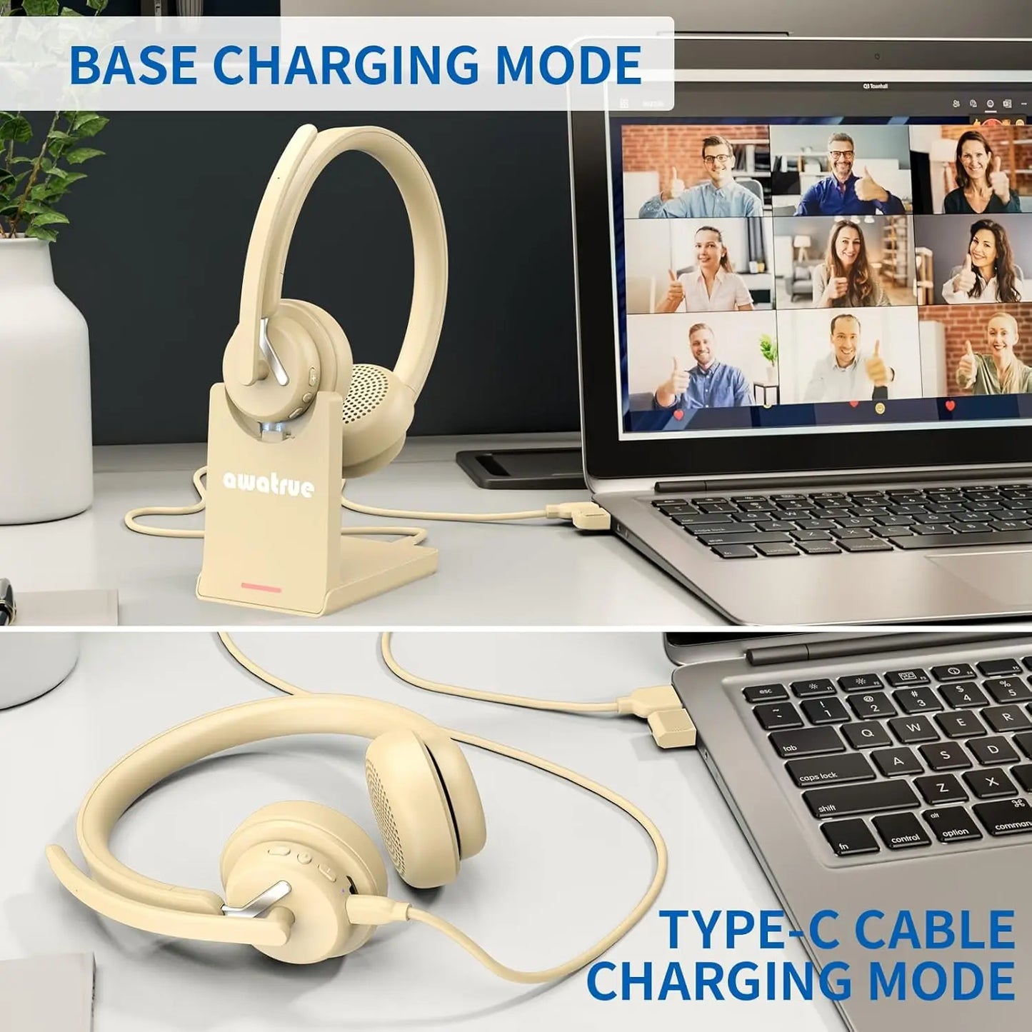 AWATRUE EH11 Wireless Bluetooth Headset with Charging Base AI Noise Cancelling Mic 2.4GHz Wireless Headphone with USB Dongle