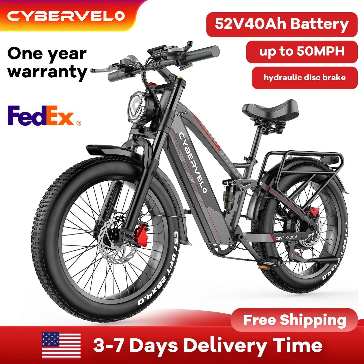 Cybervelo Power EK9 5000w Motor Commute & Off Road Electric Bike, 100 Miles+ Long Range, 26"x4.0” Fat Tire, 52V 40Ah Battery