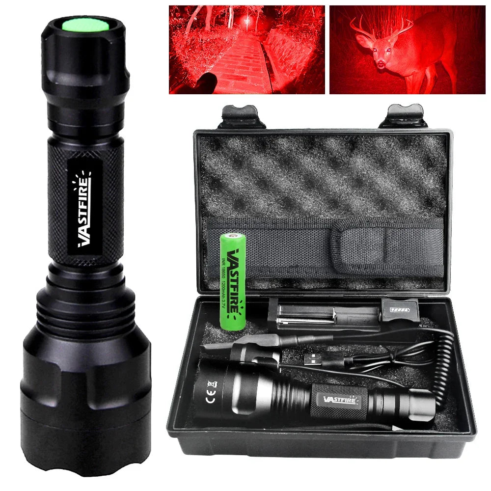 Tactical Hunting Flashlight White/Green/Red Light Torch LED Rifle Lantern+Pressure Switch+Rail Scope Mount+18650+USB Charger