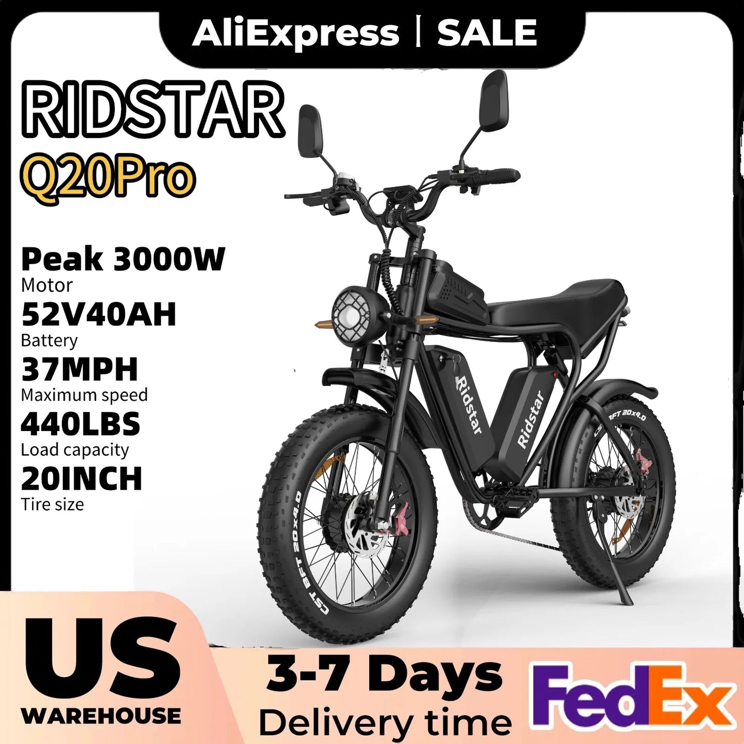Ridstar Electric Bike for Adults 1500/3000W 48/52V 20/40Ah Lithium Battery 20" Fat Tire Mountain E-bike Electric Dirt Bike