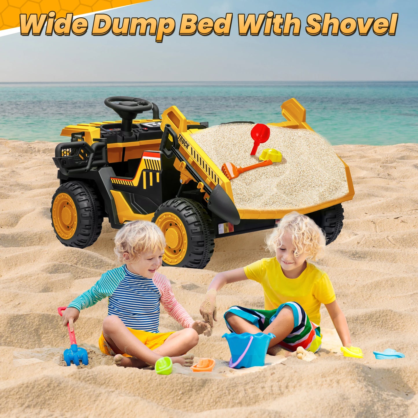 24V Ride on Toys w/Remote Control, 2 Seater 400W Ride on Dump Truck, Electric Powered Ride on w/Dump Bed, 3 Speeds, Shovel, Blue