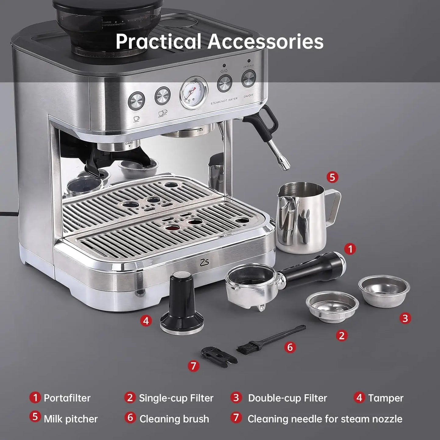 Espresso Machine Stainless Steel Coffee Machine with Milk Frother& Grinder 15 Bar Pump 58mm Sieve Handle Cappuccino Latte Maker
