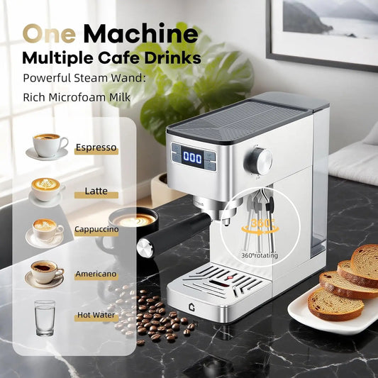 Espresso Machine 20 Bar Semi-Automatic Stainless Steel Adjustable Grinder/Steam Milk Frother Compact Home Ofiice Coffee Maker