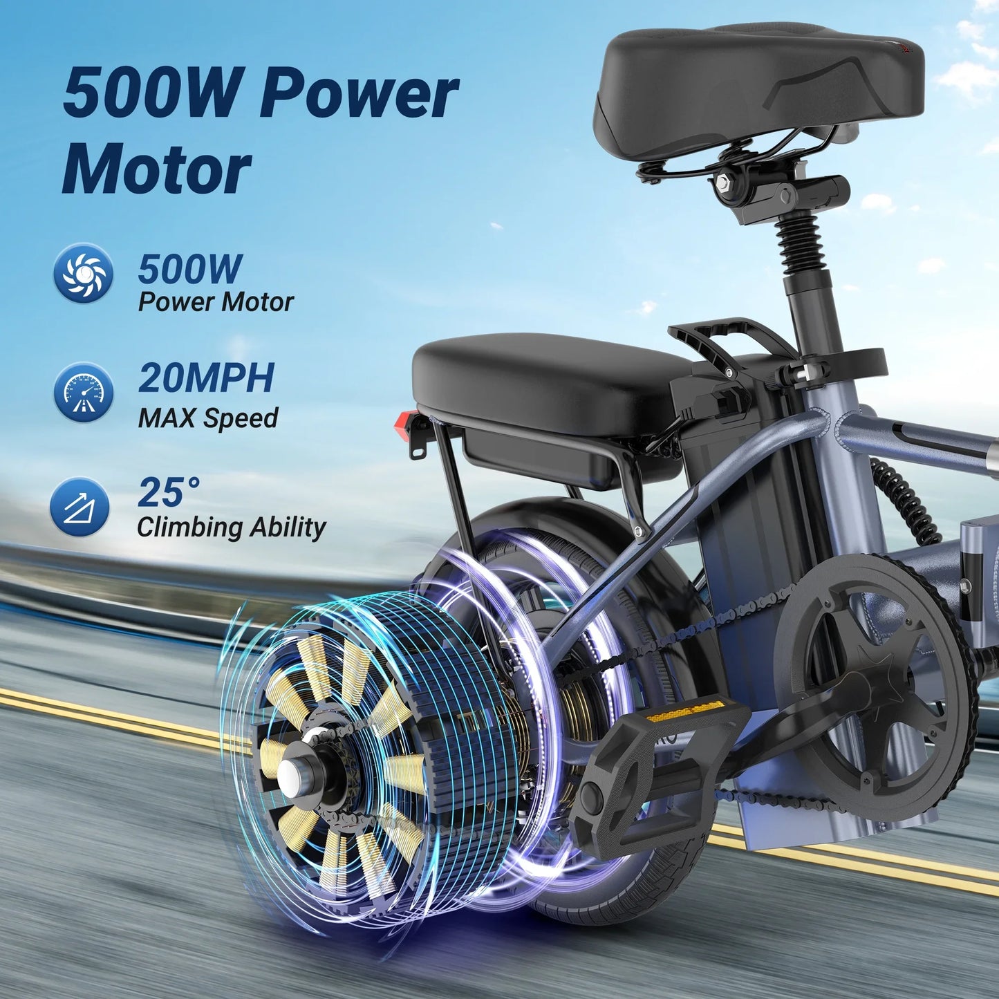 AOVOPRO 14inch EB60 Foldable Ebike 500W 48V 10.4AH Electric Bicycle 22MPH 28Miles Long Range with Two Seats for Adult