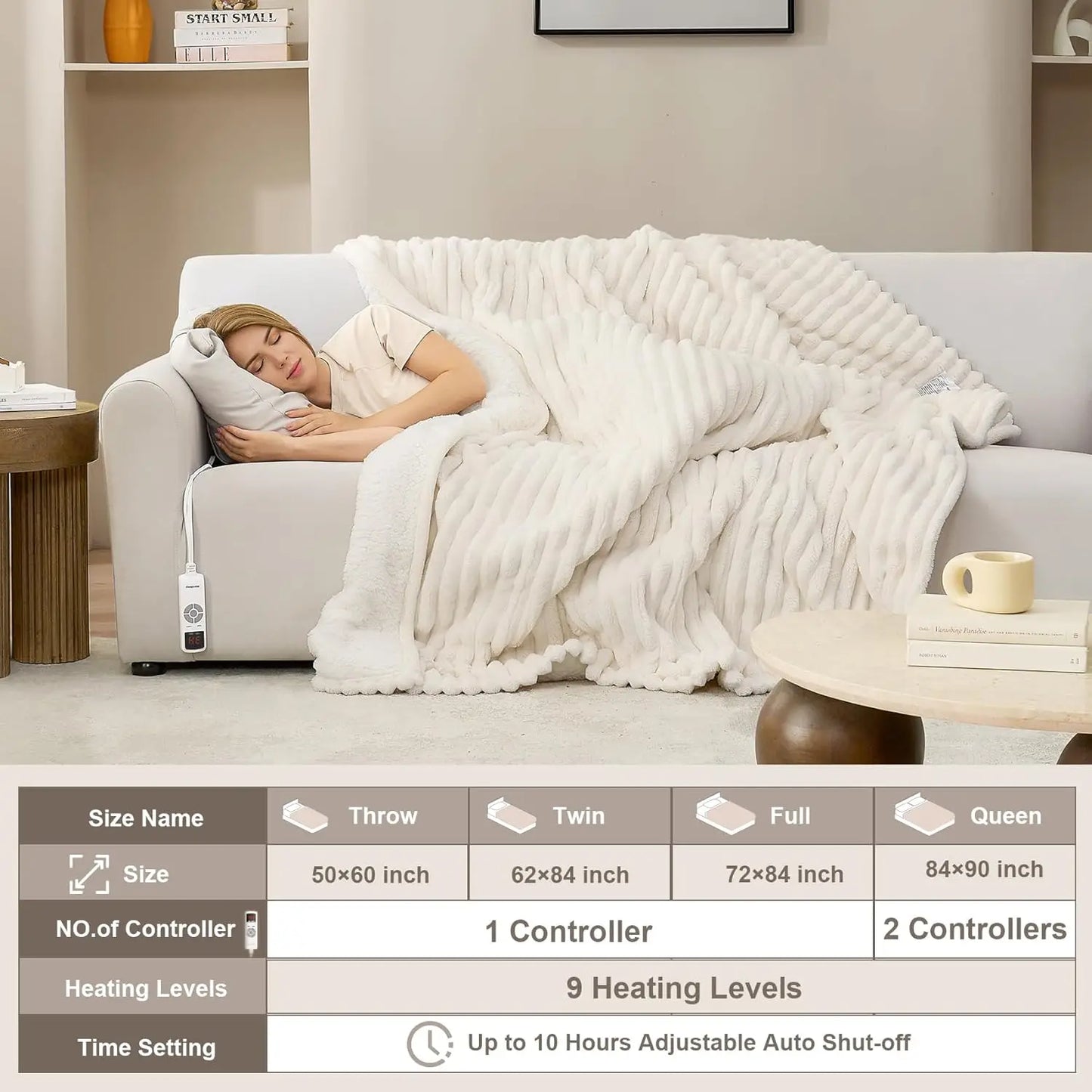 Electric Heated Blanket with 9 Heat Levels, 10-Hour Timer Auto Shut Off, Washable Soft Warm Winter Throw, 50x60 Inches Beige