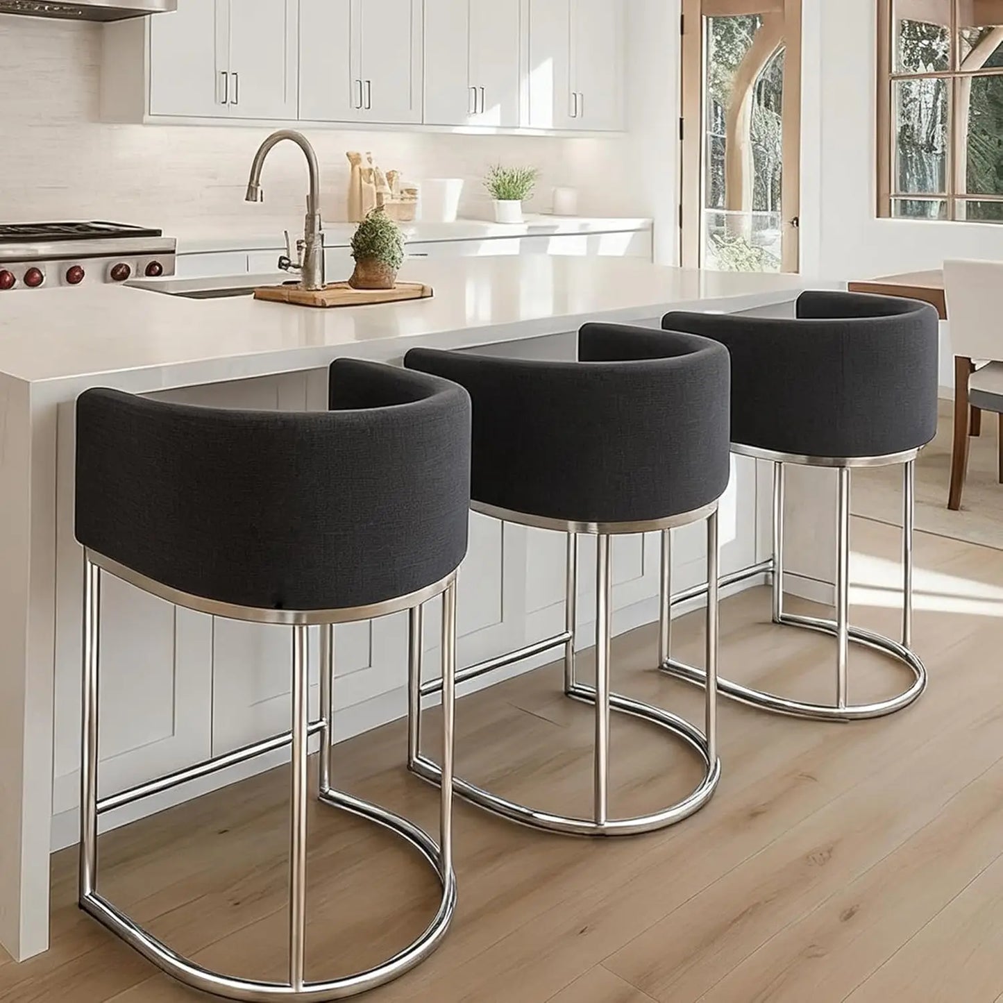 Modern Counter Height Linen Fabric Upholstered Counter Stools Set of 3, 24 Inch Kitchen Island Stool with Black, Customized