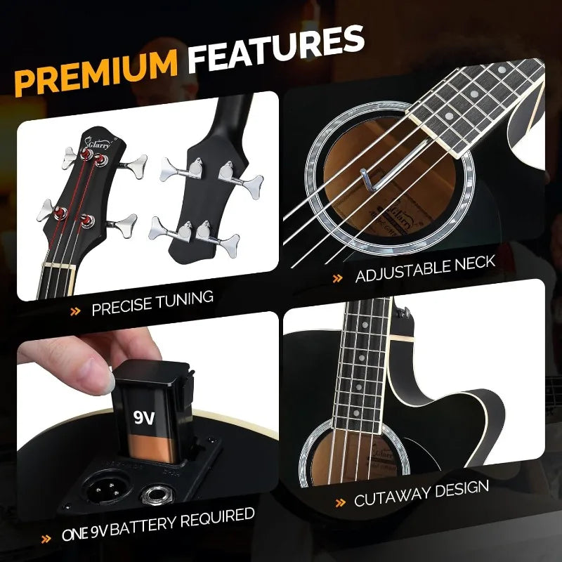 GLARRY Full Size Acoustic Electric Bass Guitar Beginner Kit,Cutaway 4 String Electric Acoustic Bass Guitar w/Inbuilt Tuner,Black