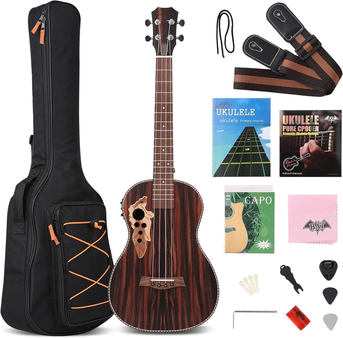 30 Inch All Blackwood Baritone Acoustic Electric Left Hand Ukulele With Truss Rod with EQ with Gig Bag,Strap,Nylon String