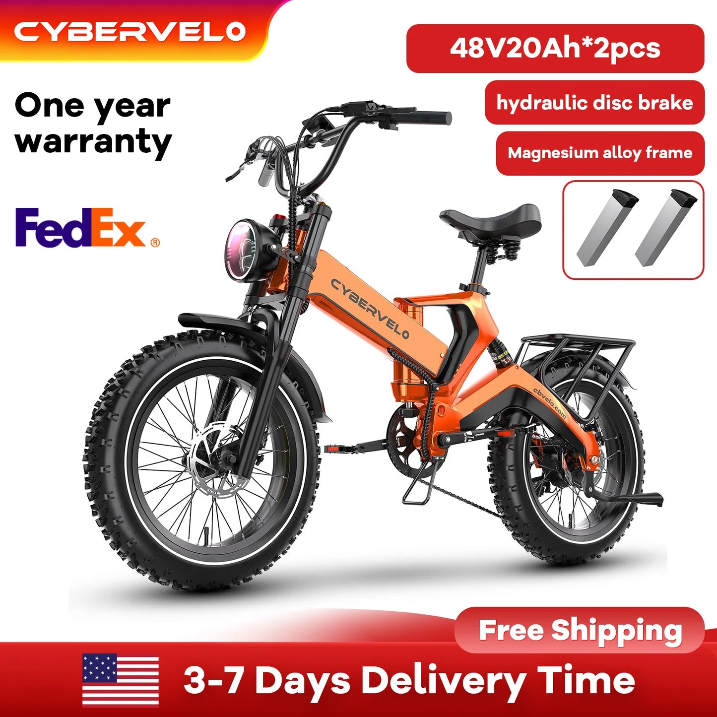 Cybervelo 2000W Peak Motor Folding E-bike, 20Ah Dual Bulit-in Battery Electric Bicycle, 8-Speed Shift 20” Fat All Terrain EK6