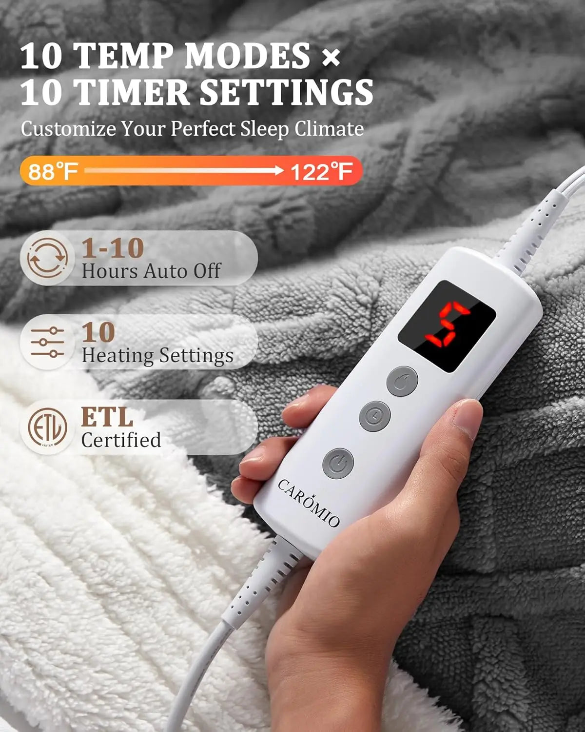 Heated Sherpa Electric Blanket - 10 Heat Levels, 10 Time Settings, ETL Certified, Machine Washable, Grey 50"x60"