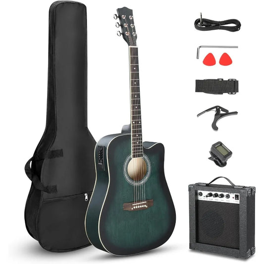 Full-Size Acoustic Electric Guitar with Amp featuring 41 Inch Basswood Body Complete Beginner to Intermediate Guitar Kit with C