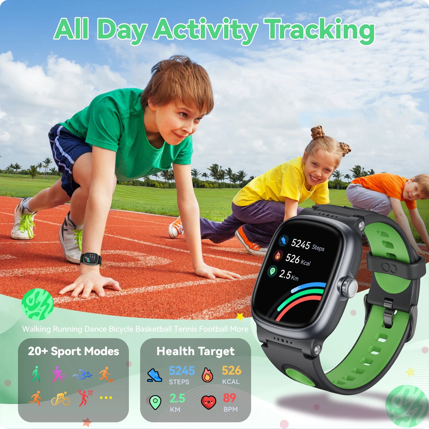 Smart Watch for Kids with Heart Rate Sleep Monitor, Games/Alarm/IP68 Waterproof Smart Watch for Boys Girls, Step Calorie Pedomet