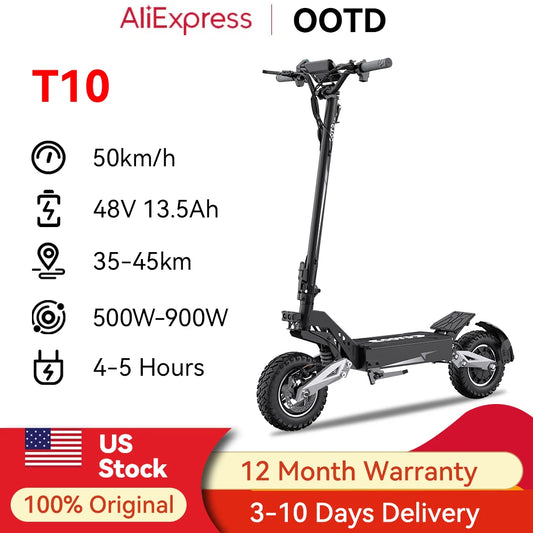 OOTD T10 Electric Scooter 900W Peak Power 48V 13Ah 31mph Adult Electric Scooter 21-28 miles 11 Inch Tires Collapsible E-Scooter
