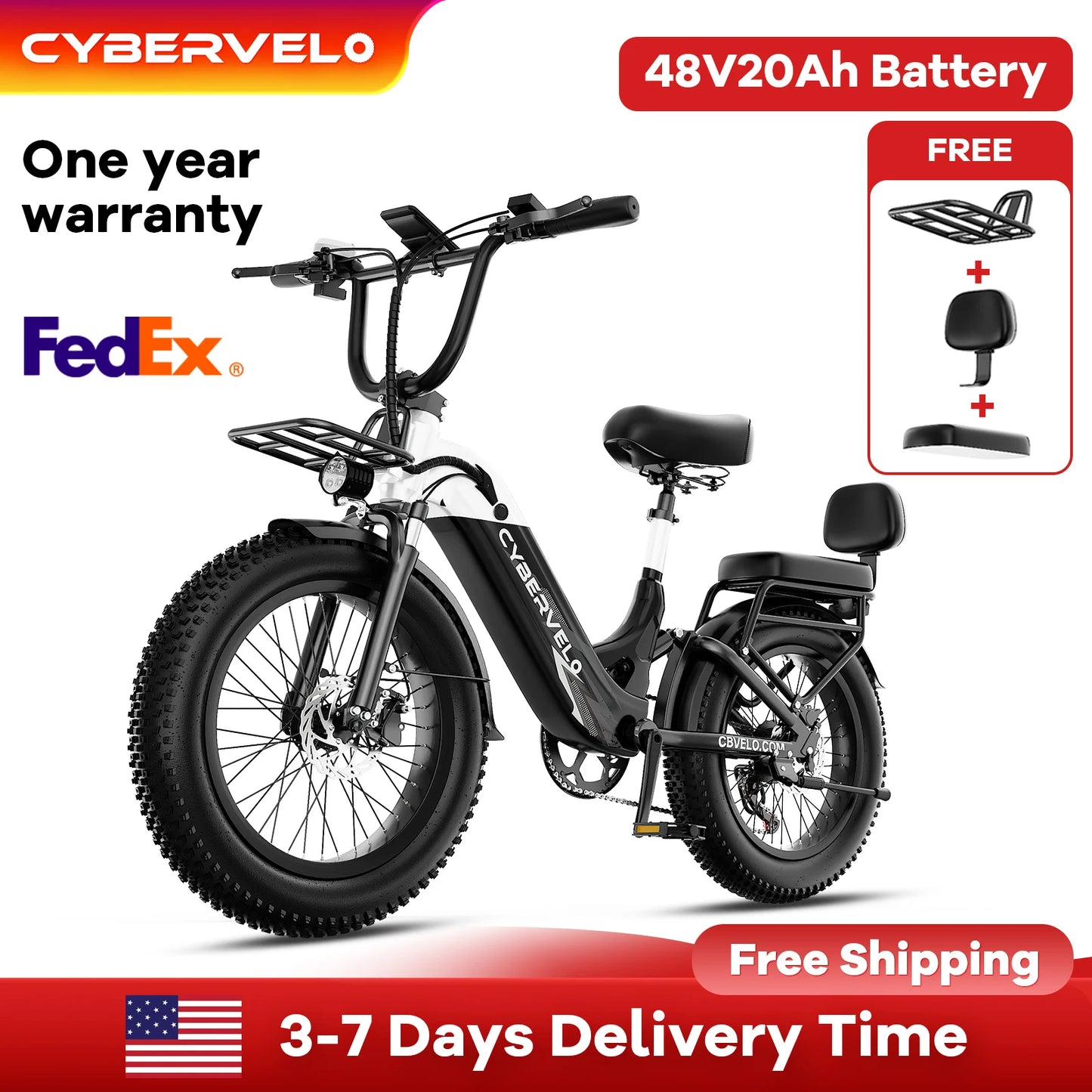 Cybervelo Step-Thru Electric Bike for Adults and Youths, 48V 20AH Removable Battery, 30+MPH, 20" Fat Tire 7-Speed Commuter EK12