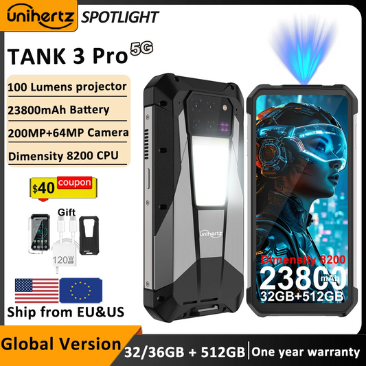 US EU MX Warehouse Unihertz Tank 3 Pro 8849 with 100 Lumens 5G Projector phone,32GB/36GB RAM,512GB ROM,23800mAh 120W,200MP, NFC