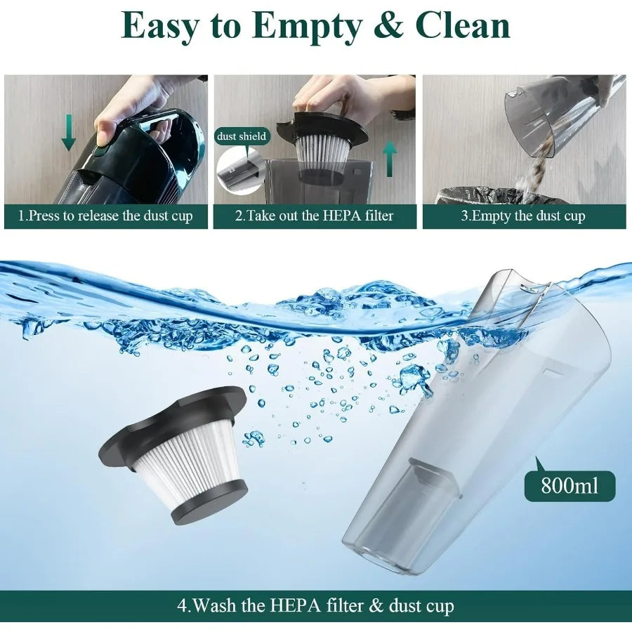 Handheld Vacuum Cordless, Strong Suction Car Vacuum Cleaner with LED Light, Long Runtime Hand Vacuum Cordless Rechargeable, Hand