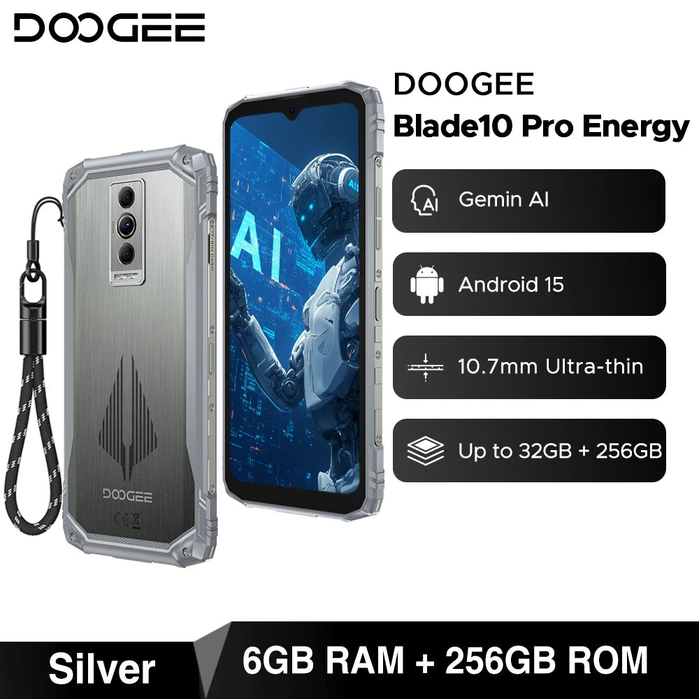 DOOGEE Blade10 Pro Energy Rugged Phone 6.56'' Screen 10.7mm Ultra-thin 6GB RAM 256GB ROM 6150mAh Battery Android 15  Smartphone