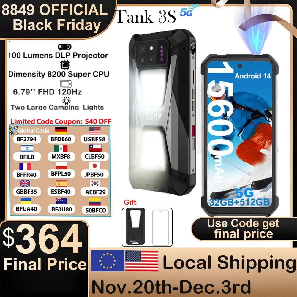 8849 Tank 3S Unihertz Rugged Smartphone with Projector 5G 24/32GB RAM 256/512GB ROM Dimensity 8200 64MP Night Vision Phone