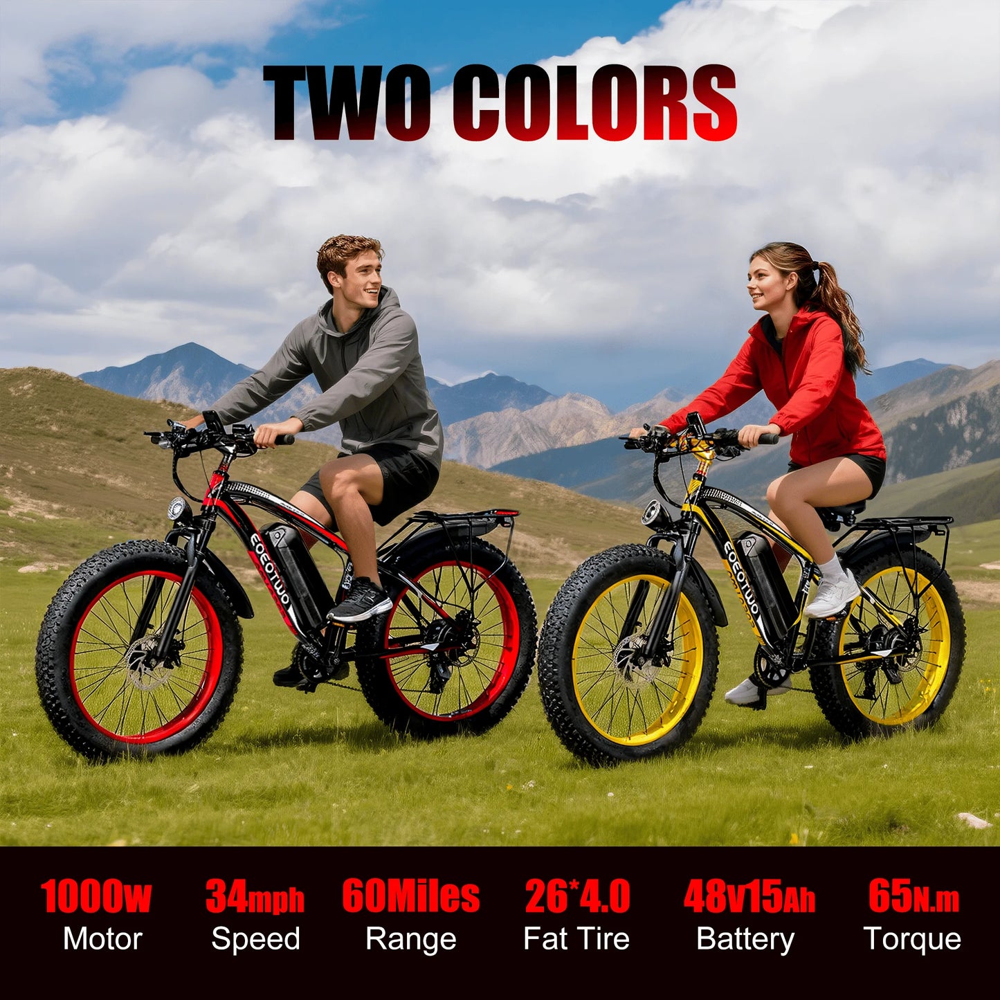Electric Bike Adults 26" Fat Tire 1500W Peak Motor Electric Bicycle 34Mph Mountain E Bike 60Mile Range 48V 15AH Electric Bike