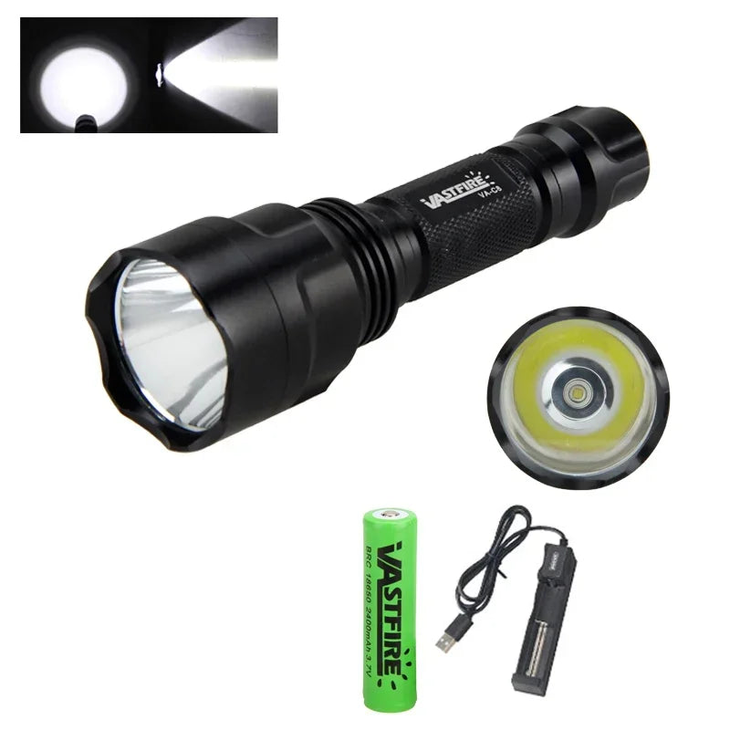 C8 LED Flashlight White/Green/Red Tactical Hunting Rifle Lantern+Pressure Switch+Rail Scope Mount+18650+USB Charger