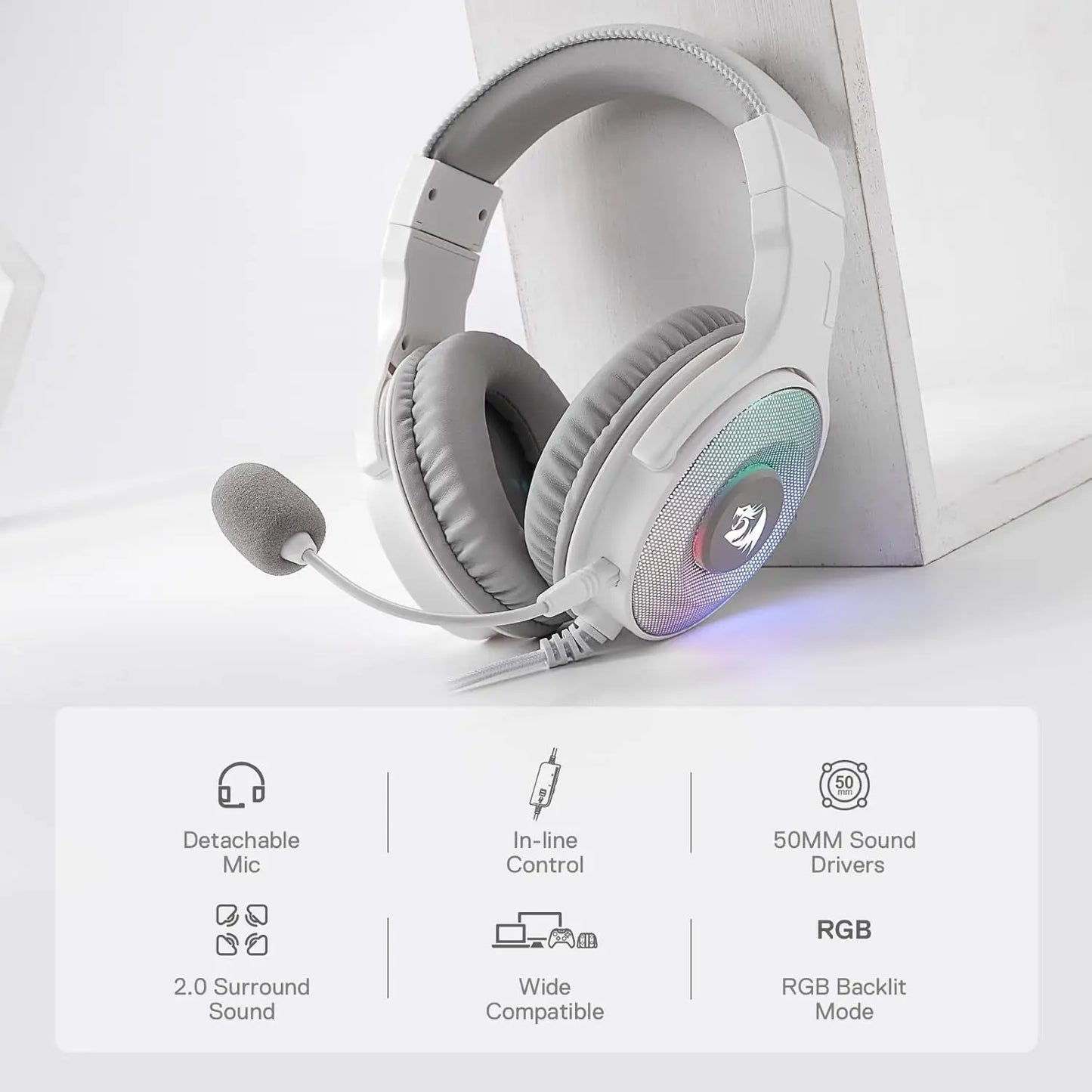 Redragon H350 White Wired Gaming Headset Dynamic RGB Backlight Stereo Surround  50MM Drivers Over-Ear Headphones