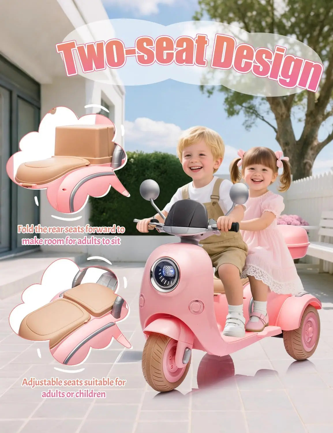 12V Kids Electric Motorcycle Electric Bike for Toddler 3-6 3 Wheels Ride On Scooter with USB,Bluetooth,Lights 2 Seats Dual Motor