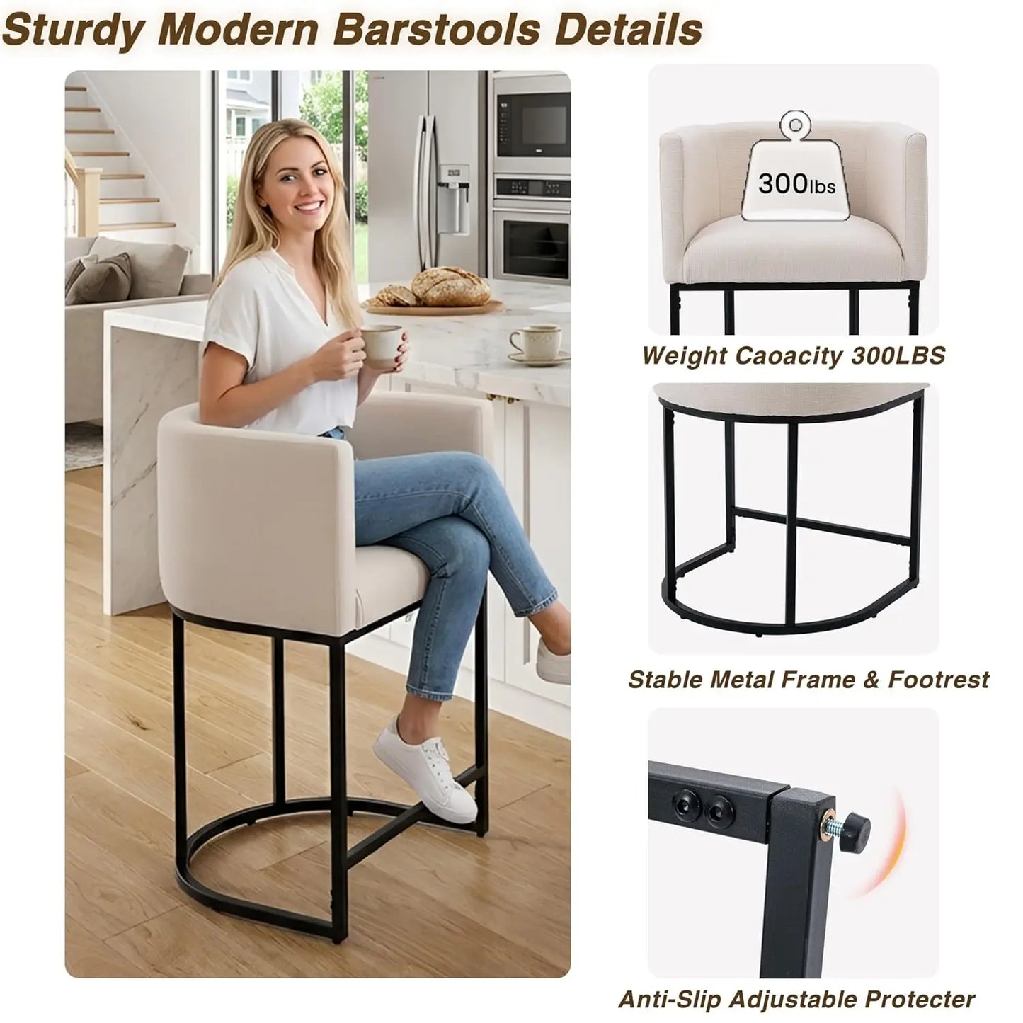 Modern Counter Height Linen Fabric Upholstered Counter Stools Set of 3, 24 Inch Kitchen Island Stool with Black, Customized