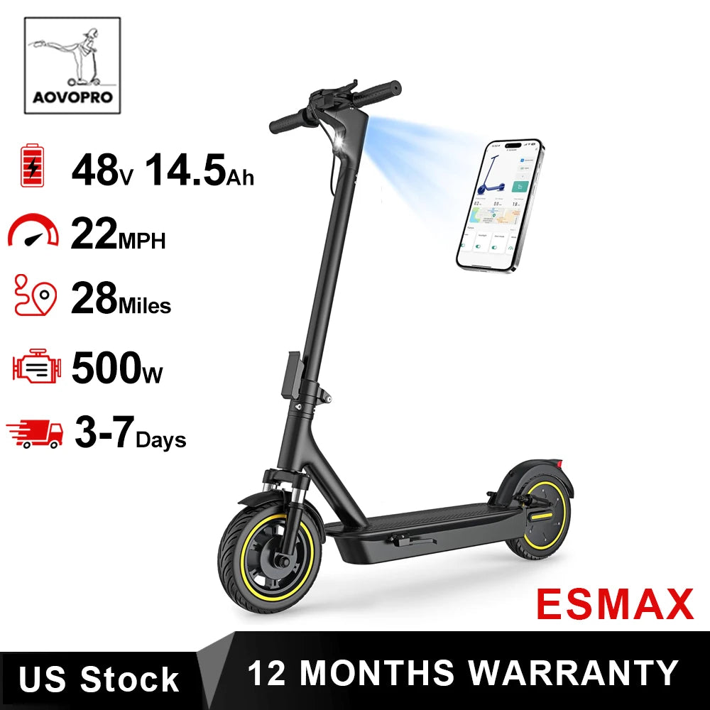AOVOPRO ESMAX Electric Scooter 500W 22mph Adult APP Smart Scooter 28miles Shock-absorbing Anti-skid Folding Electric Scooter