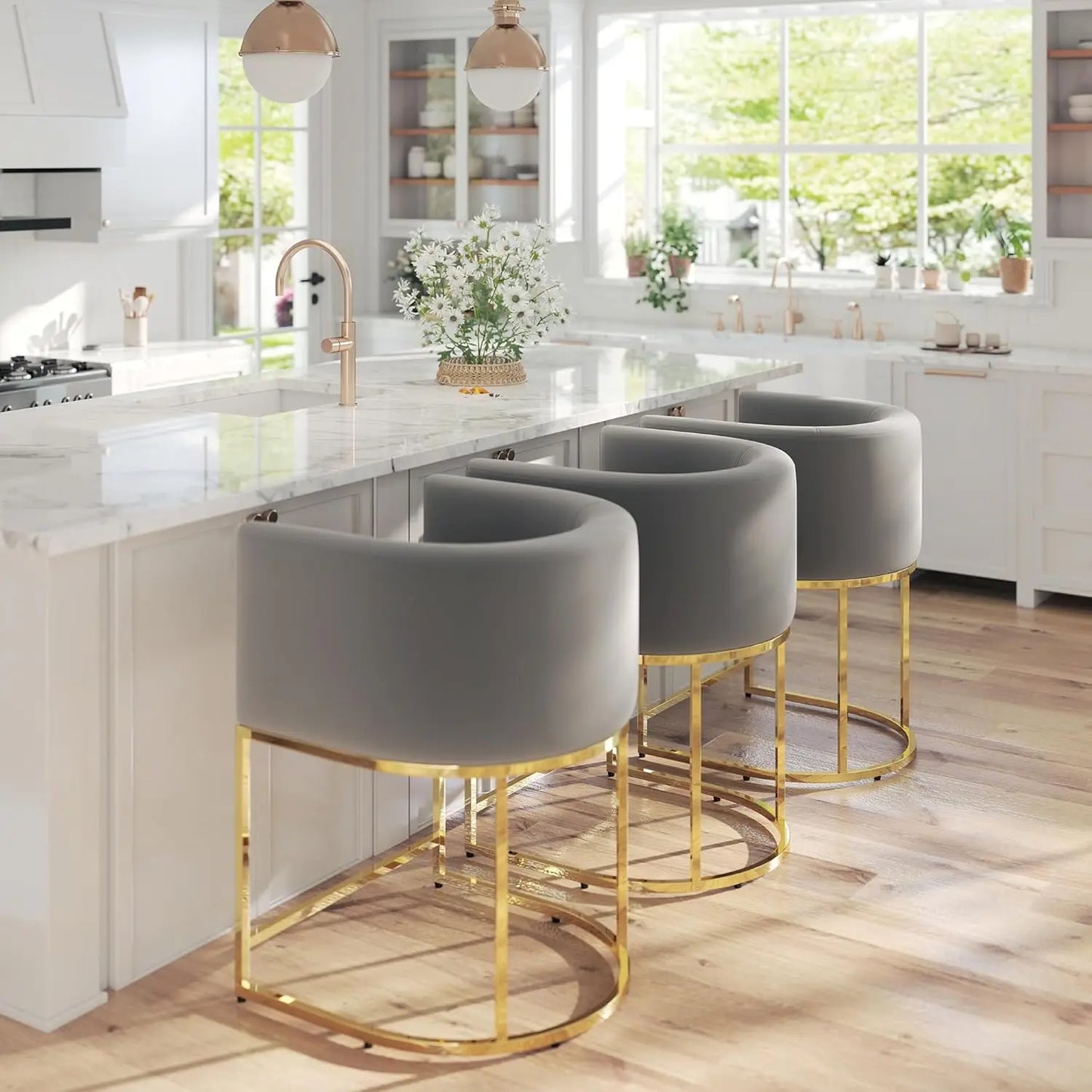 Modern Counter Height Linen Fabric Upholstered Counter Stools Set of 3, 24 Inch Kitchen Island Stool with Black, Customized