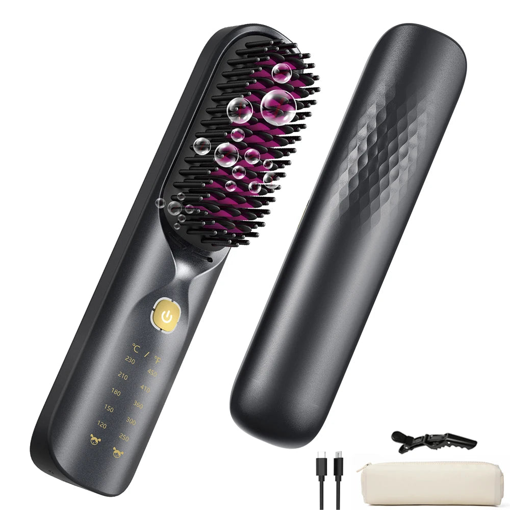 Cordless Hair Straightener Brush 450°F Adjustable Temp 30s Fast Heating 10000mAh Travel Wireless Straightening Comb Adult Kids
