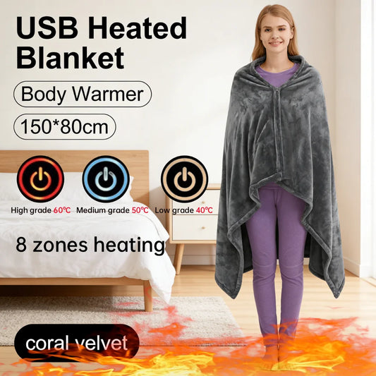 USB Electric Heated Blanket 3 Heating Levels Fleece Heated Blanket Portable Heating Lap Blanket Quickly Heated Cape Pad