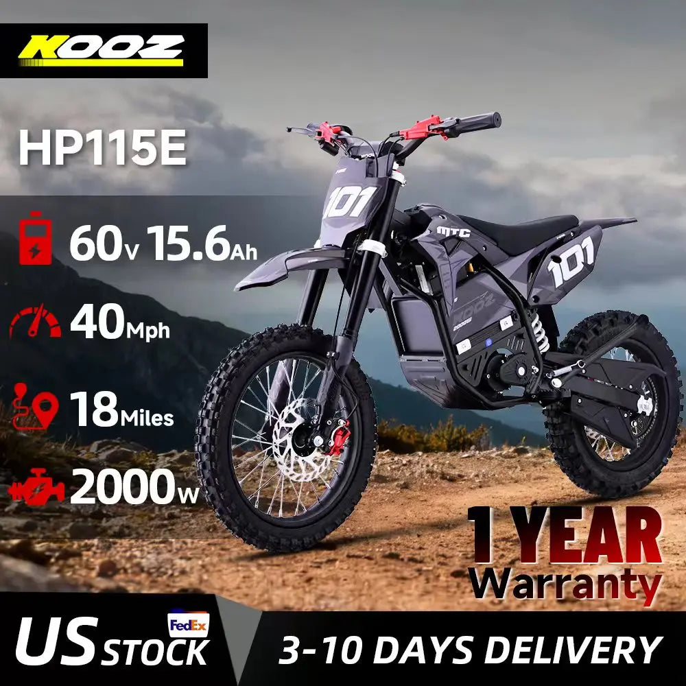 KOOZ HP115E Electric Dirt Bike 2000W Motor 60V15.AH Lithium Battery Electric Motorcycle Hydraulic Brake 14" Fat Tire Snow E-bike
