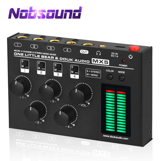Nobsound MX5 Ultra Low Noise 4-Channel Stereo Audio Mixer Mini Stereo / Mono 6.35/3.5mm Mixer for Club/Studio/Bar