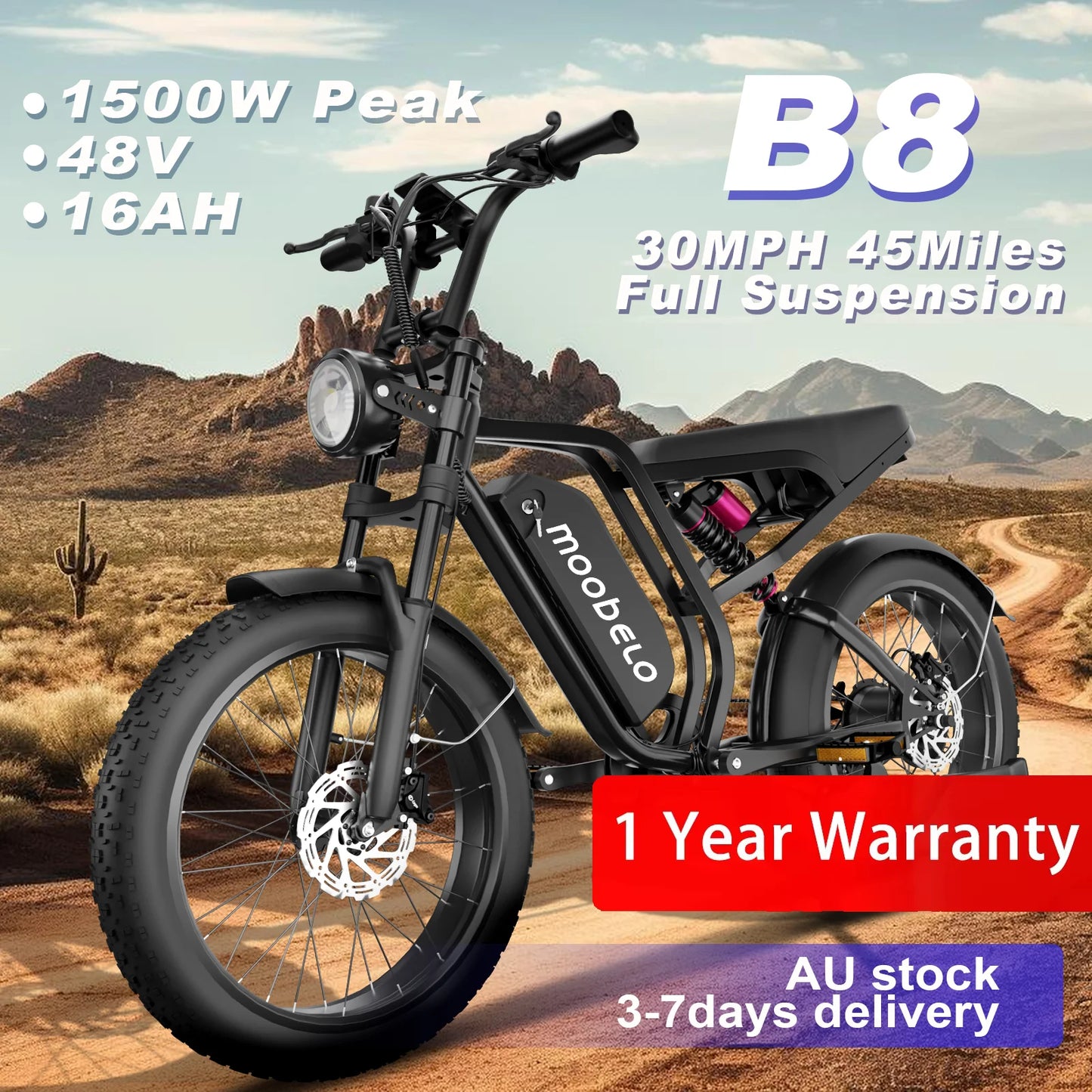 1500W Peak Electric Bike Moobelo B8 - Winter Fat Tire 48V 16AH Long Range 30MPH | Shimano 7-Speed All-Terrain E-Bike for Adults