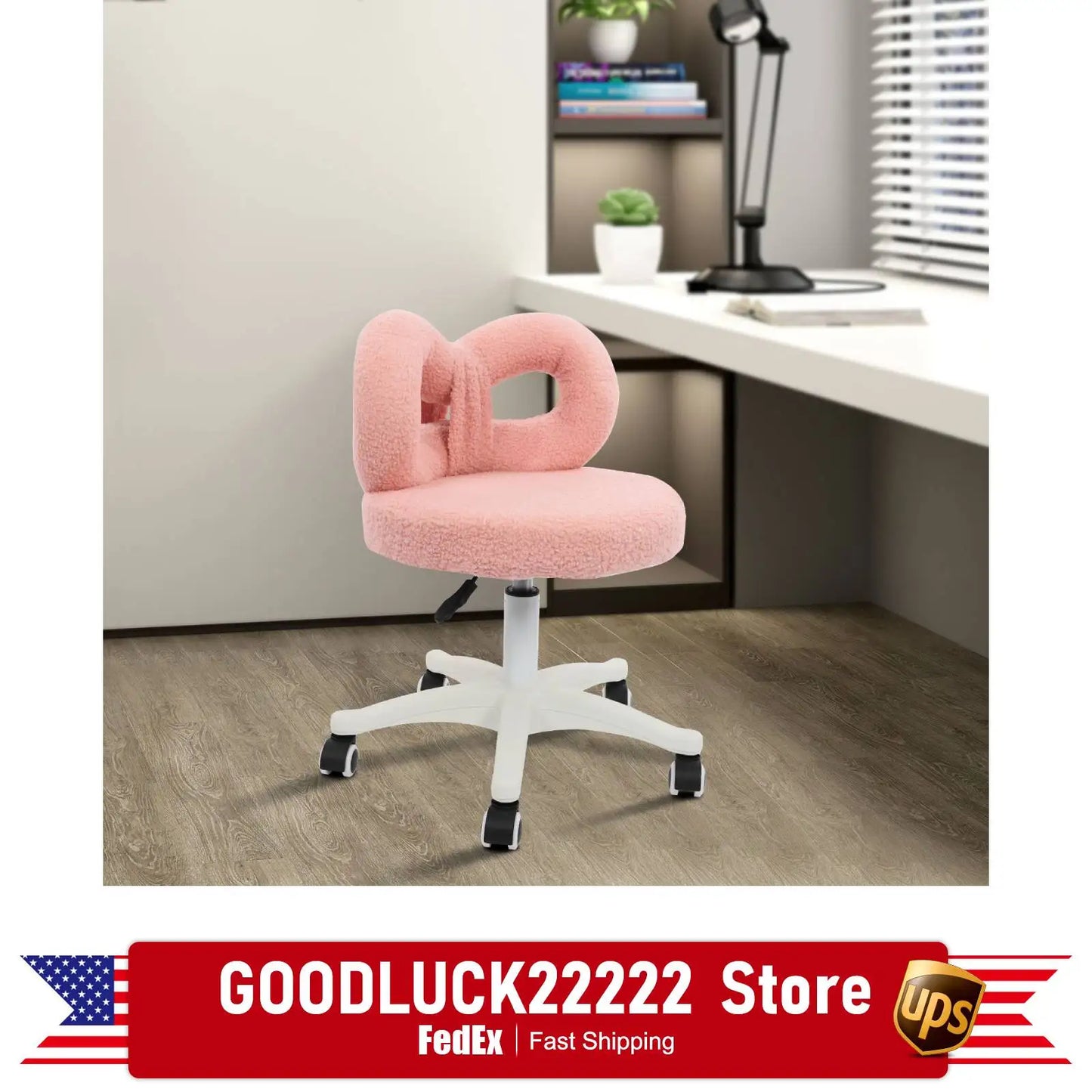 Vanity Chair, Pink Fluffy Boucle Swivel Desk Chair with Sturdy Iron Frame, High-Resilience Sponge Padding, Durable Makeup Stool