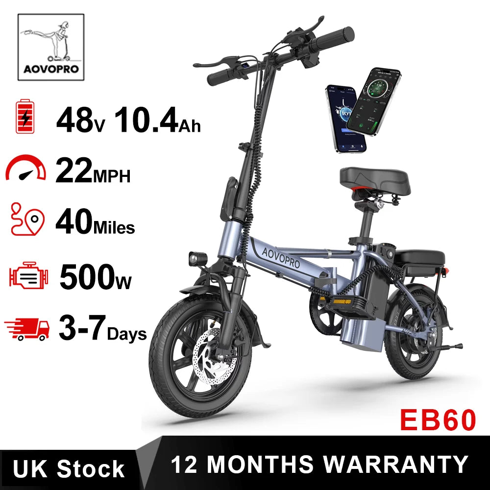 AOVOPRO 14inch EB60 Foldable Ebike 500W 48V 10.4AH Electric Bicycle 22MPH 28Miles Long Range with Two Seats for Adult