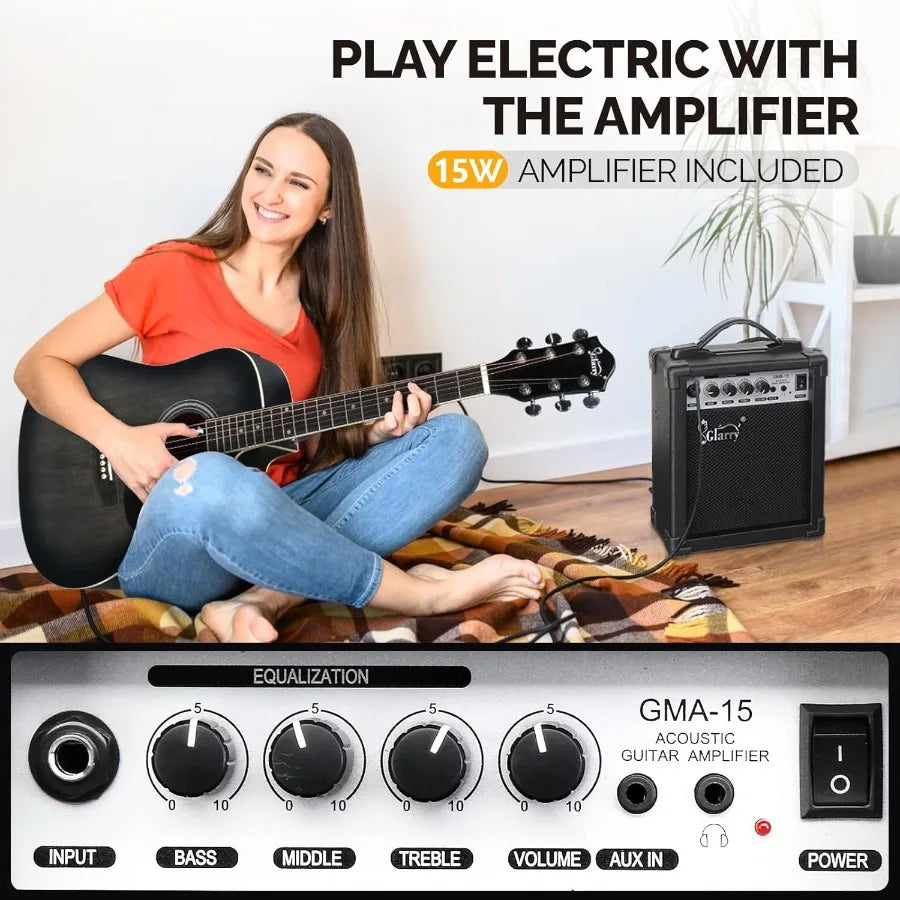 Full Size 6 Strings Acoustic Electric Guitar Beginner Kit w/ 15W Amp Cutaway 41 Inch Electric Acoustic Guitar w/Inbuilt