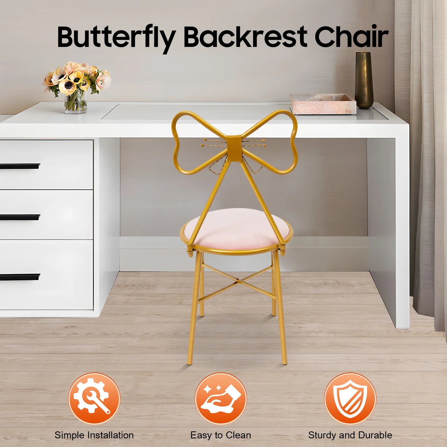 Elegant Pink Butterfly Backrest Chair with Soft Cushion, 100kg Load Iron Frame Dining Chair for Living Room Bedroom Cafe Decor