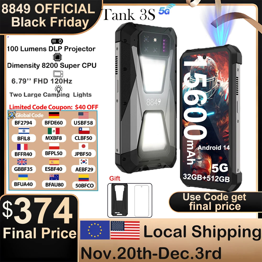 8849 Tank 3S Unihertz Rugged Smartphone with Projector 5G 12/16GB RAM 256/512GB ROM Dimensity 8200 64MP Night Vision Dual Sim