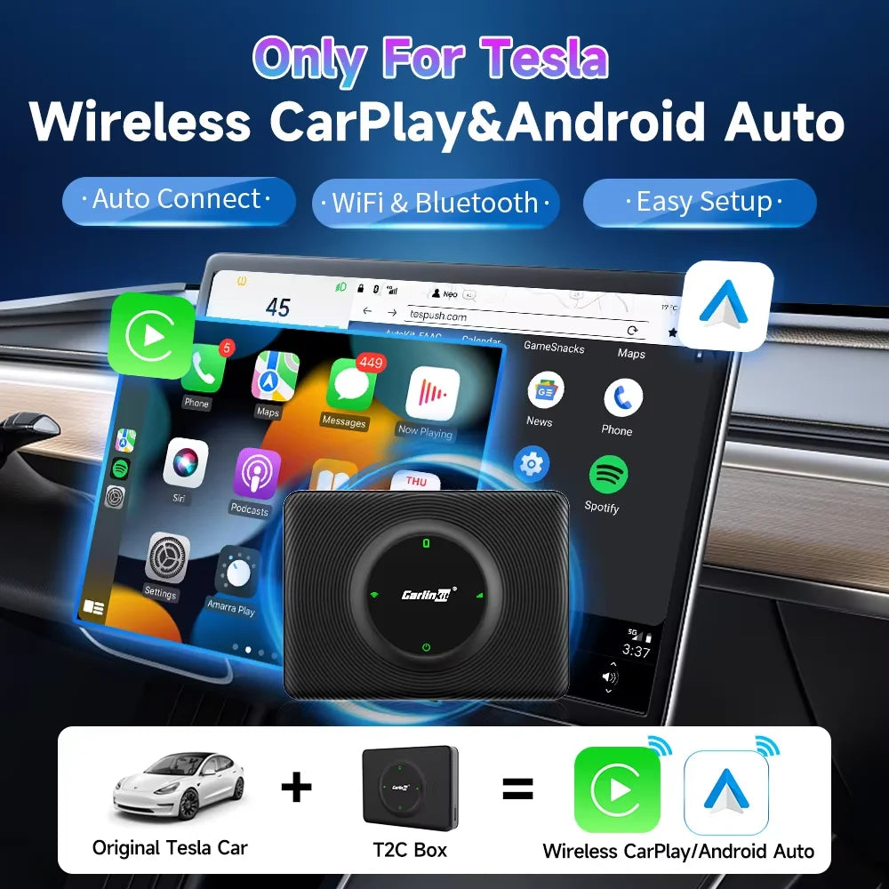 CarlinKit Wireless CarPlay Android Auto For Tesla Model 3 Model X Y Model S Auto Connect Siri Voice Assistant Spotify Waze 5G BT