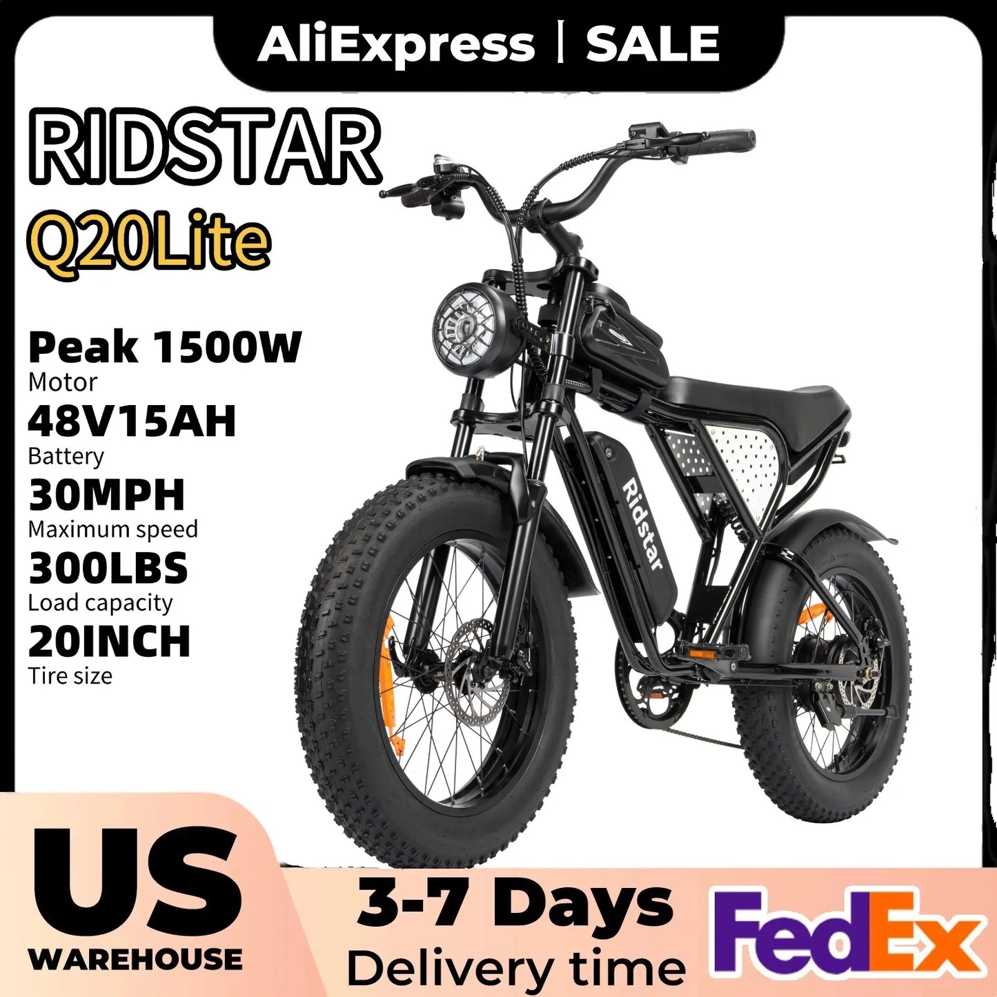 Ridstar Electric Bike for Adults 1500/3000W 48/52V 20/40Ah Lithium Battery 20" Fat Tire Mountain E-bike Electric Dirt Bike