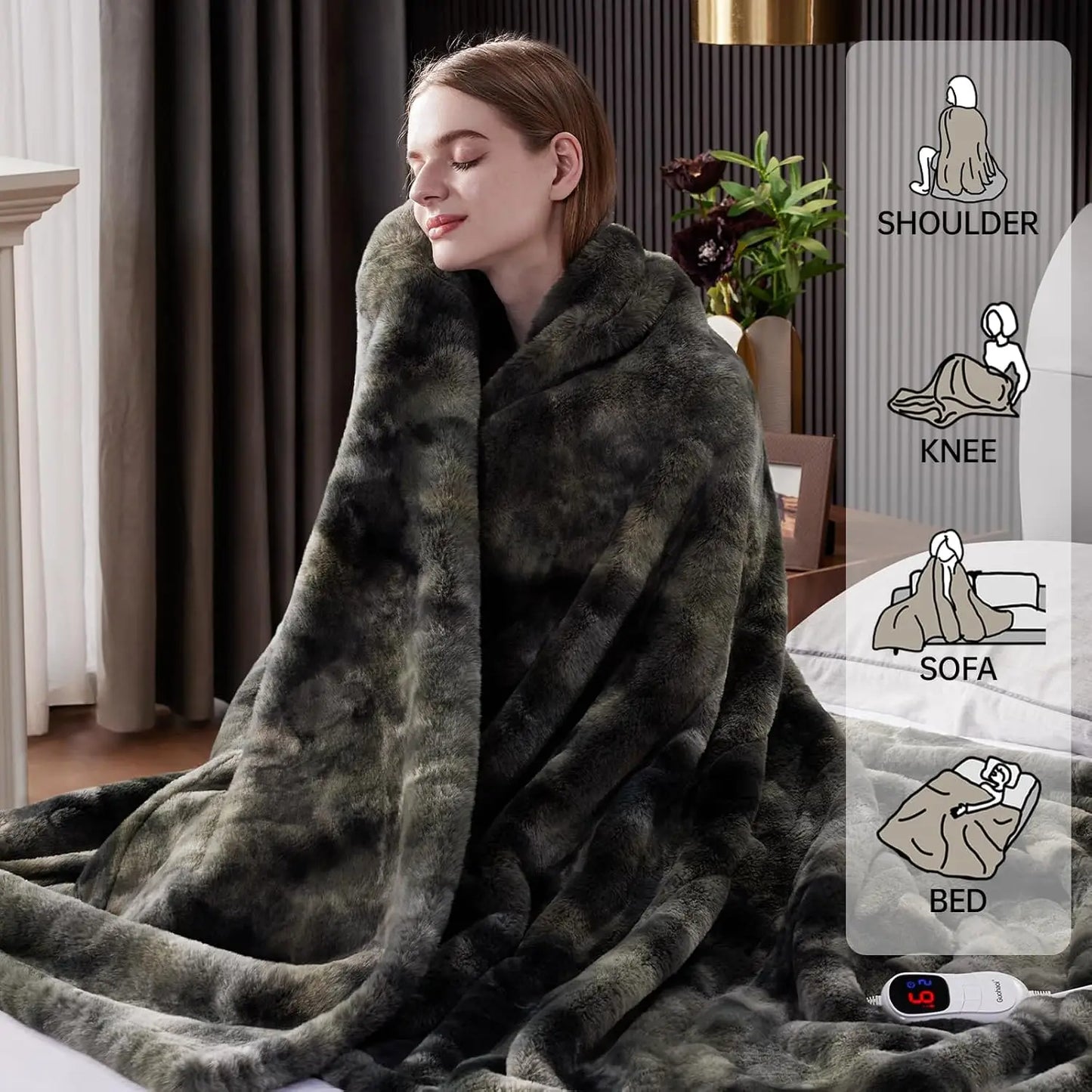 Soft Faux Fur Electric Heated Blanket with 10 Heat Levels & Auto Timer, Machine Washable (50x60 Dark Grey)
